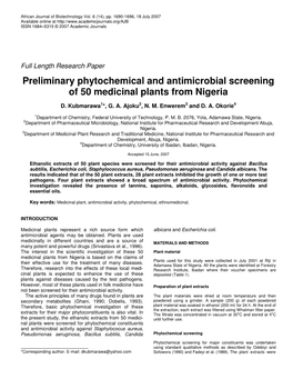 Preliminary Phytochemical and Antimicrobial Screening of 50 Medicinal Plants from Nigeria