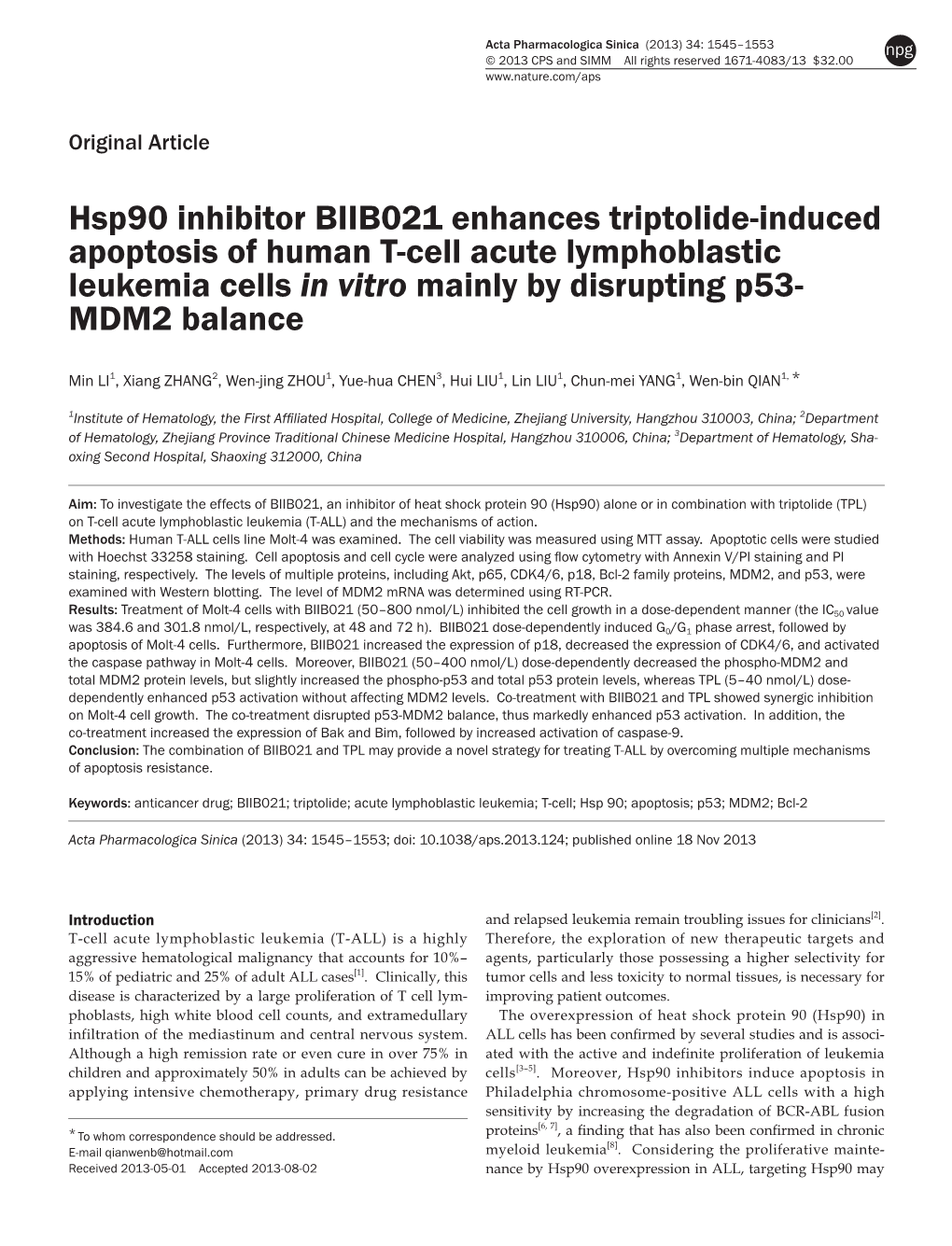 Hsp90 Inhibitor BIIB021 Enhances Triptolide-Induced Apoptosis Of Human ...