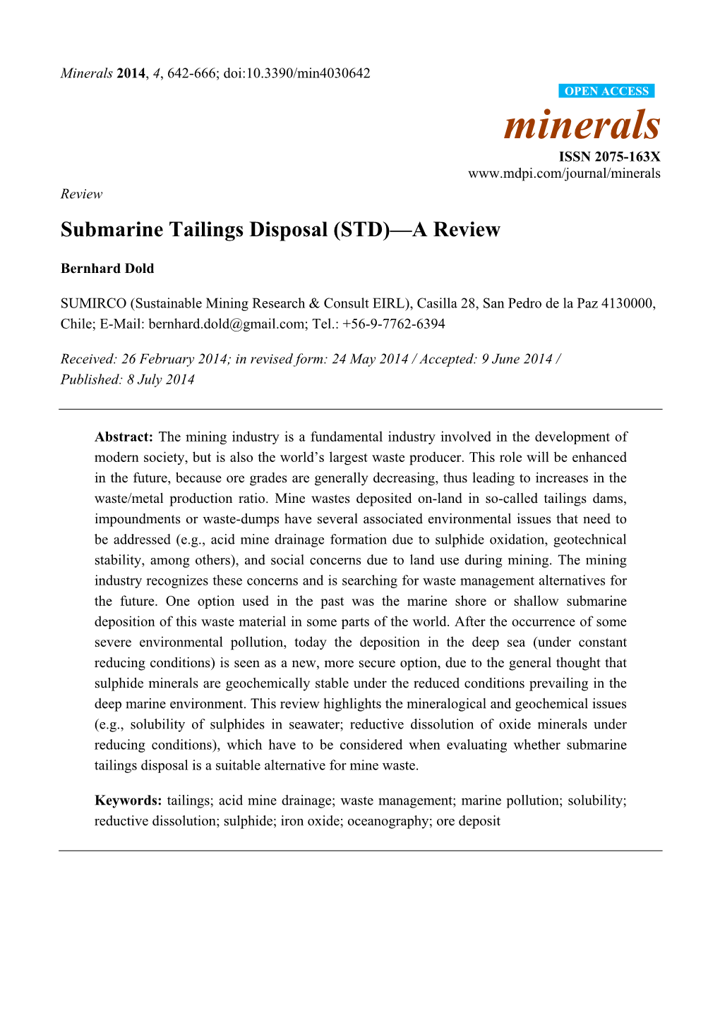 Submarine Tailings Disposal (STD)—A Review