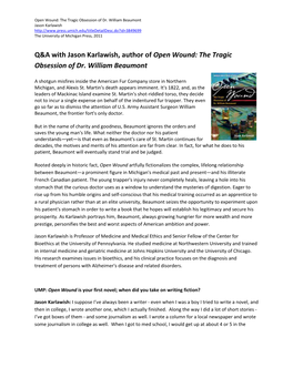 Q&A with Jason Karlawish, Author of Open Wound: the Tragic Obsession of Dr. William Beaumont