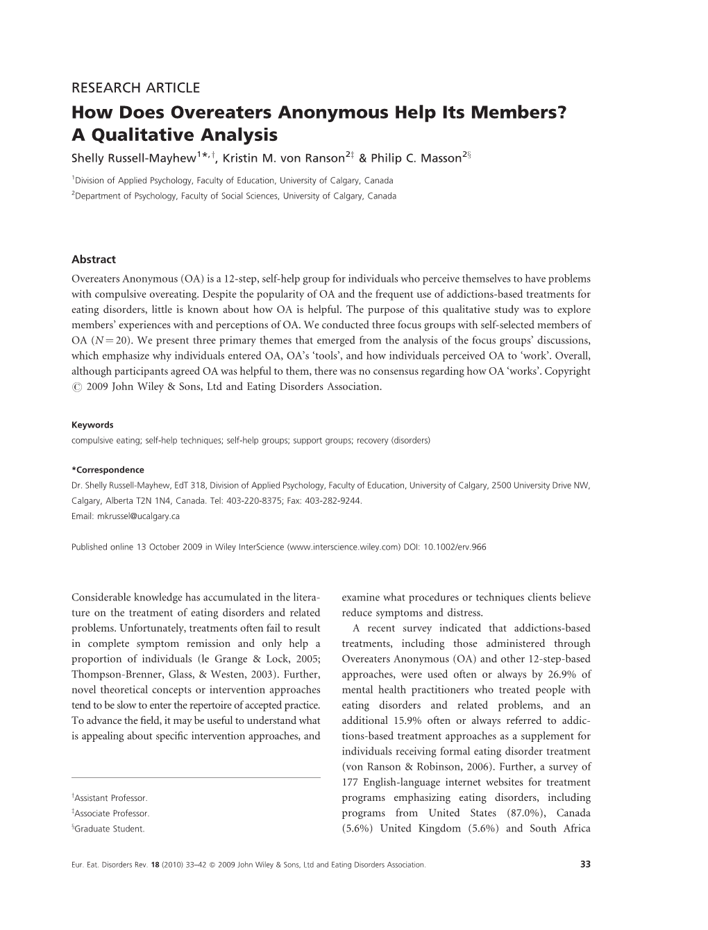 How Does Overeaters Anonymous Help Its Members? a Qualitative Analysis Shelly Russell-Mayhew1*,Y, Kristin M