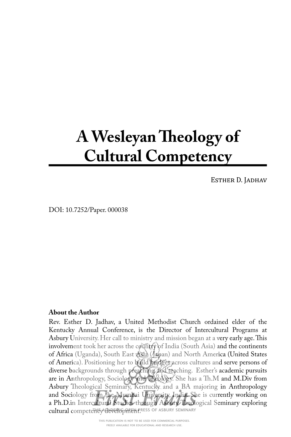 A Wesleyan Theology of Cultural Competency