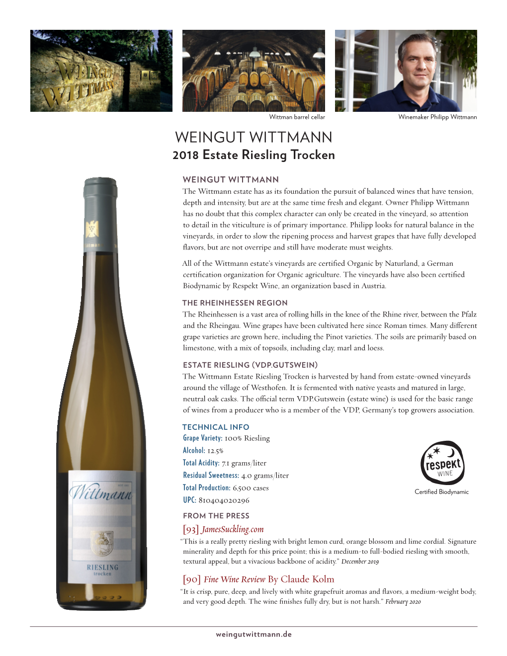 WEINGUT WITTMANN 2018 Estate Riesling Trocken