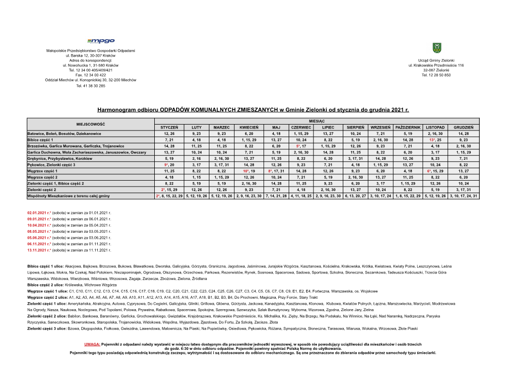 Harmonogram Odbioru ODPADÓW KOMUNALNYCH ZMIESZANYCH W Gminie Zielonki Od Stycznia Do Grudnia 2021 R