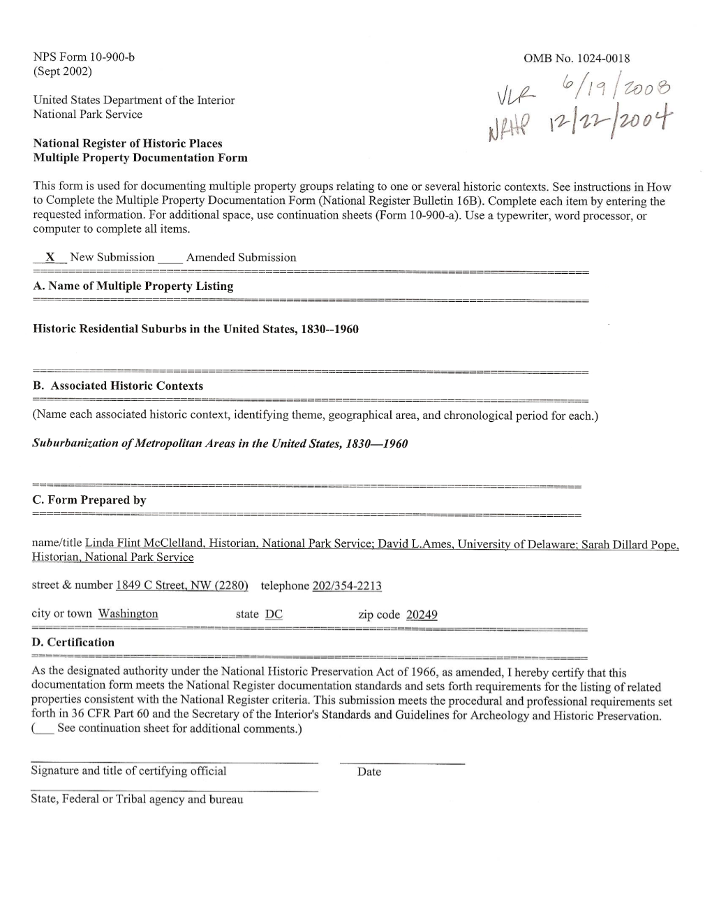 NPS Form 10 900 B OMB No