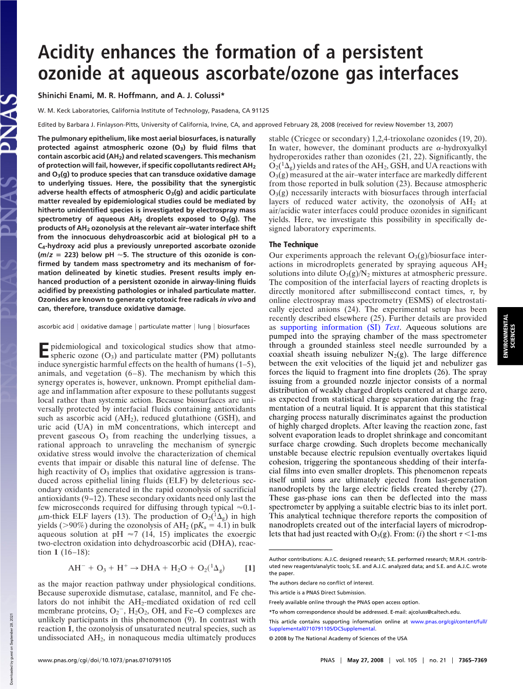 Acidity Enhances the Formation of a Persistent Ozonide at Aqueous Ascorbate/Ozone Gas Interfaces