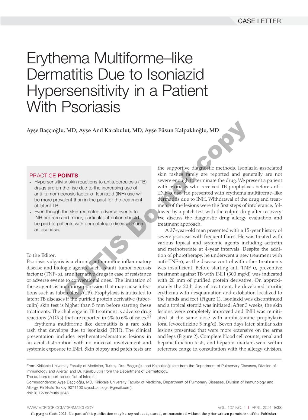 Erythema Multiforme–Like Dermatitis Due to Isoniazid Hypersensitivity in a Patient with Psoriasis