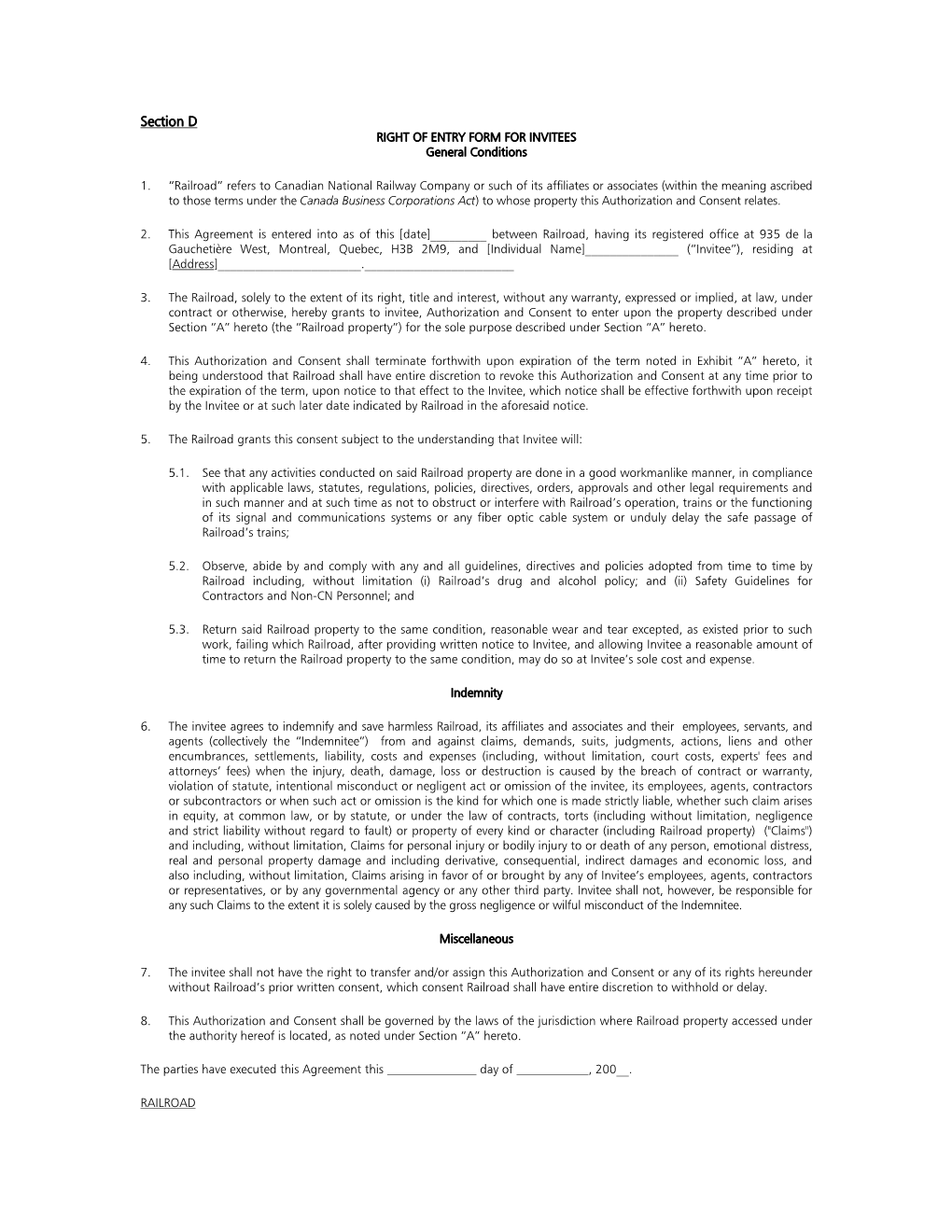 Section D RIGHT of ENTRY FORM for INVITEES General Conditions