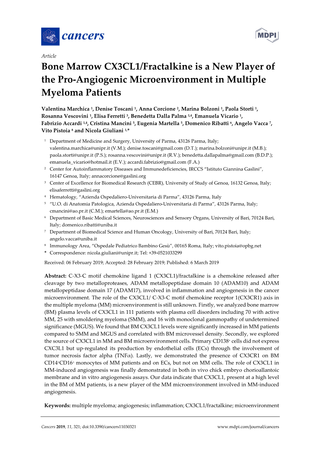 Bone Marrow CX3CL1/Fractalkine Is a New Player of the Pro-Angiogenic Microenvironment in Multiple Myeloma Patients