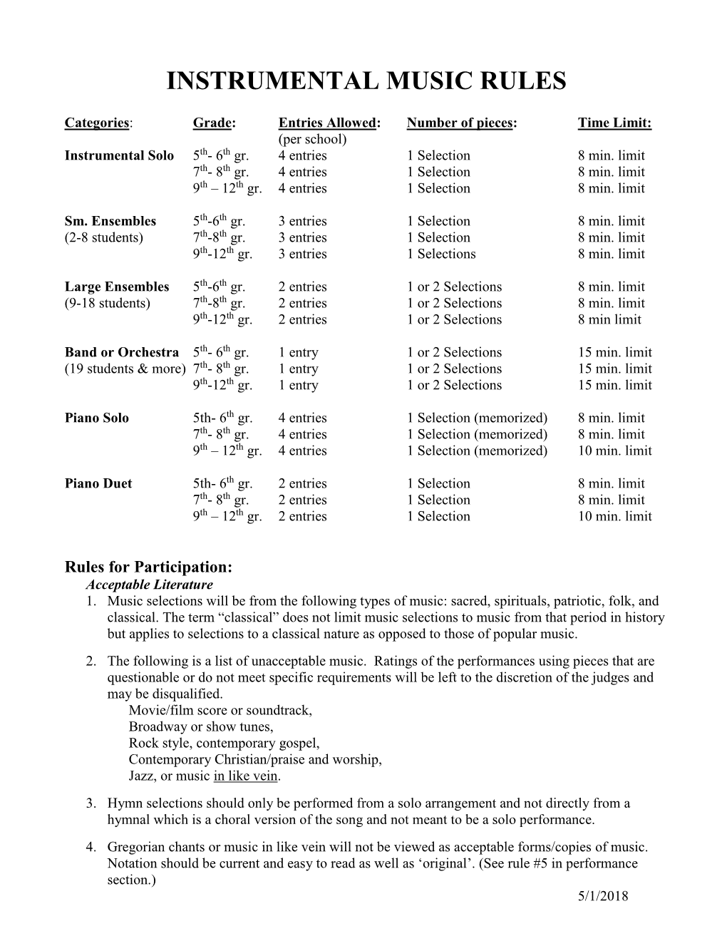 Instrumental Music Rules