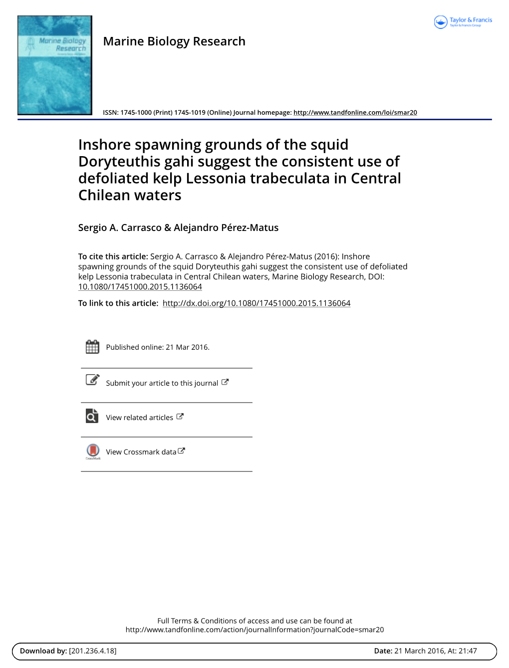 Inshore Spawning Grounds of the Squid Doryteuthis Gahi Suggest the Consistent Use of Defoliated Kelp Lessonia Trabeculata in Central Chilean Waters