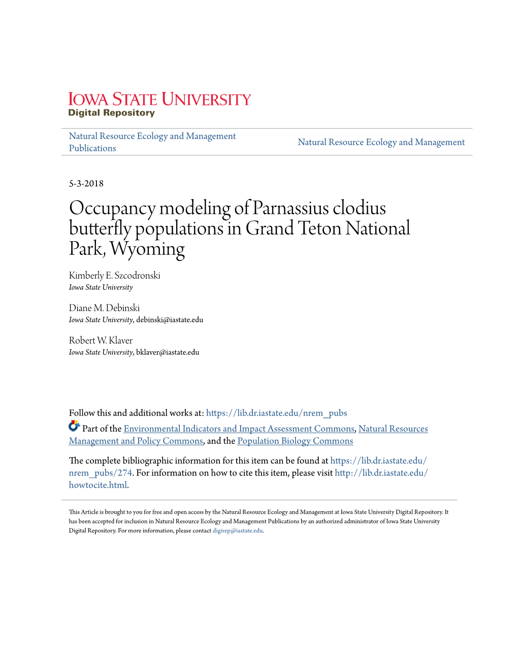 Occupancy Modeling of Parnassius Clodius Butterfly Populations in Grand Teton National Park, Wyoming Kimberly E