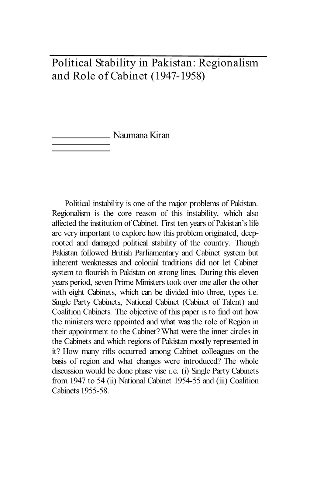 Political Stability in Pakistan: Regionalism and Role of Cabinet (1947-1958)