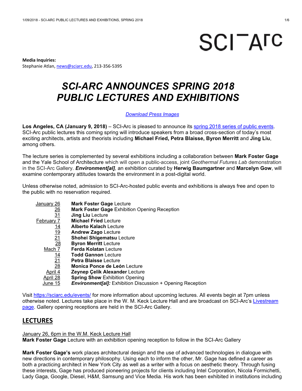 Sci-Arc Announces Spring 2018 Public Lectures and Exhibitions