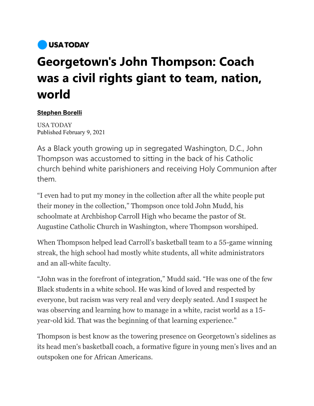 Georgetown's John Thompson: Coach Was a Civil Rights Giant to Team, Nation, World