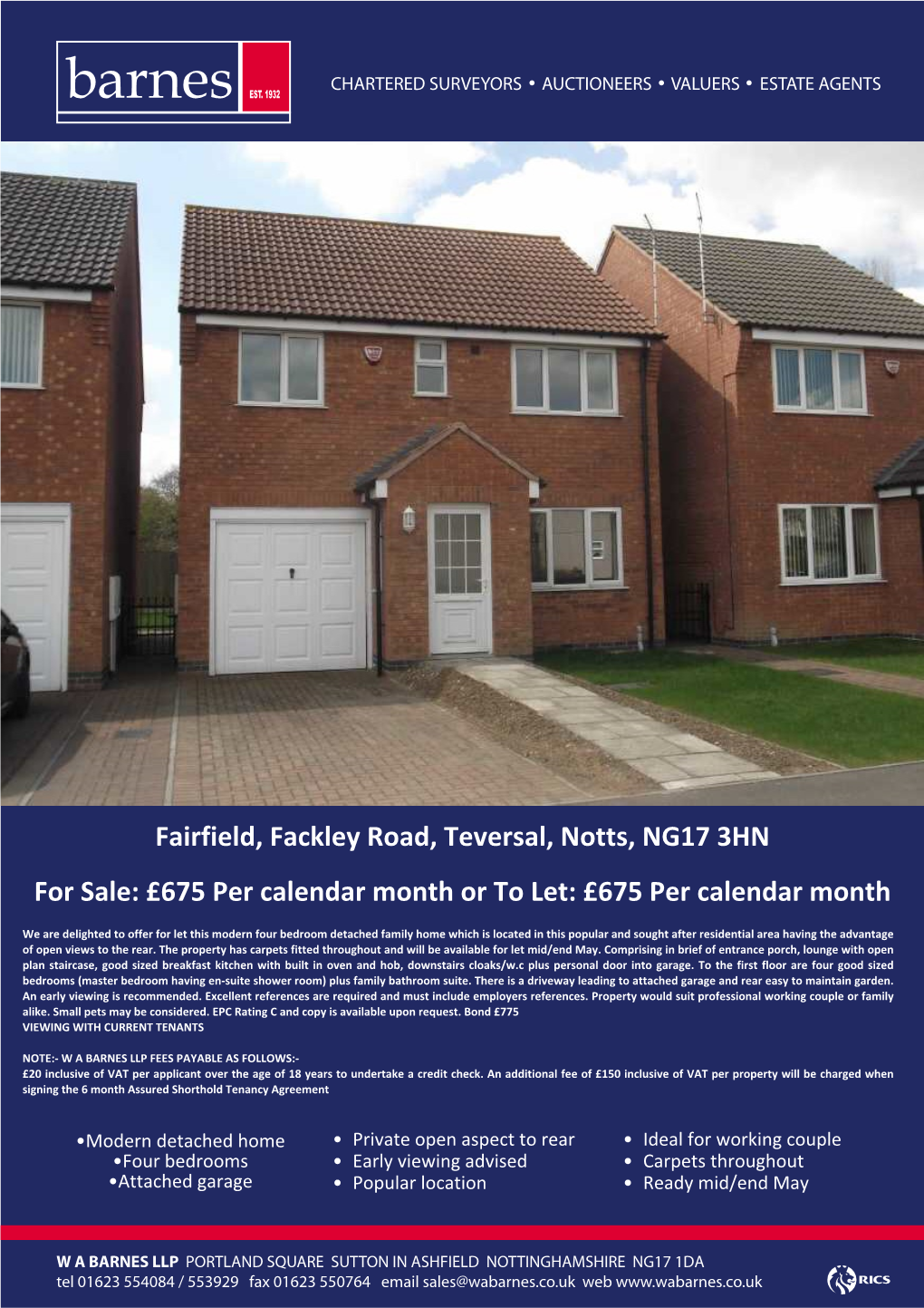 Fairfield, Fackley Road, Teversal, Notts, NG17 3HN for Sale: £675 Per Calendar Month Or to Let: £675 Per Calendar Month