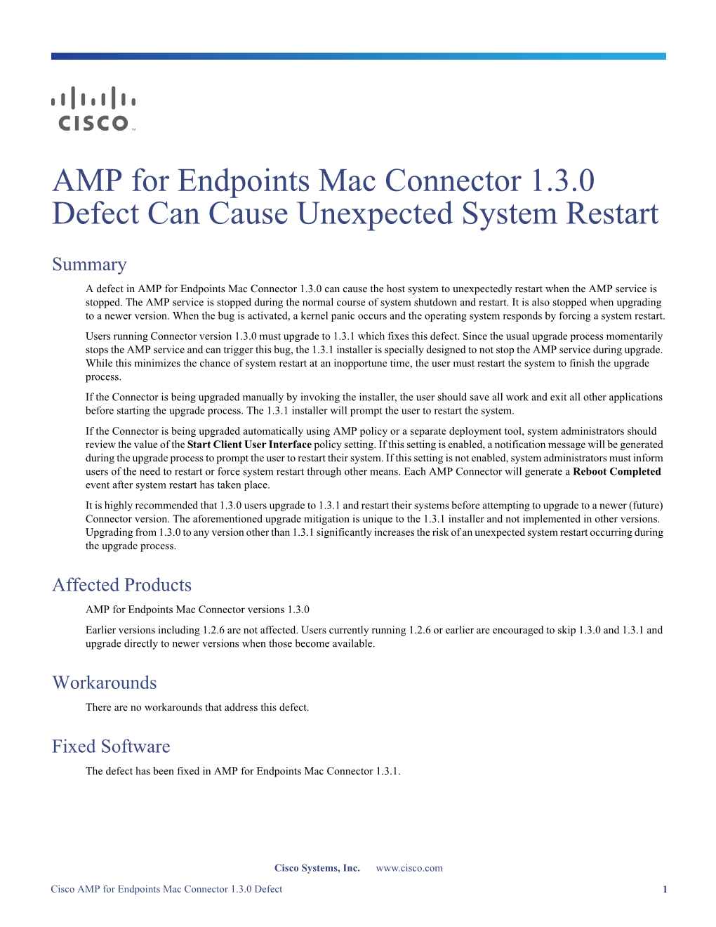AMP for Endpoints Mac Connector 1.3.0 Defect Can Cause Unexpected System Restart