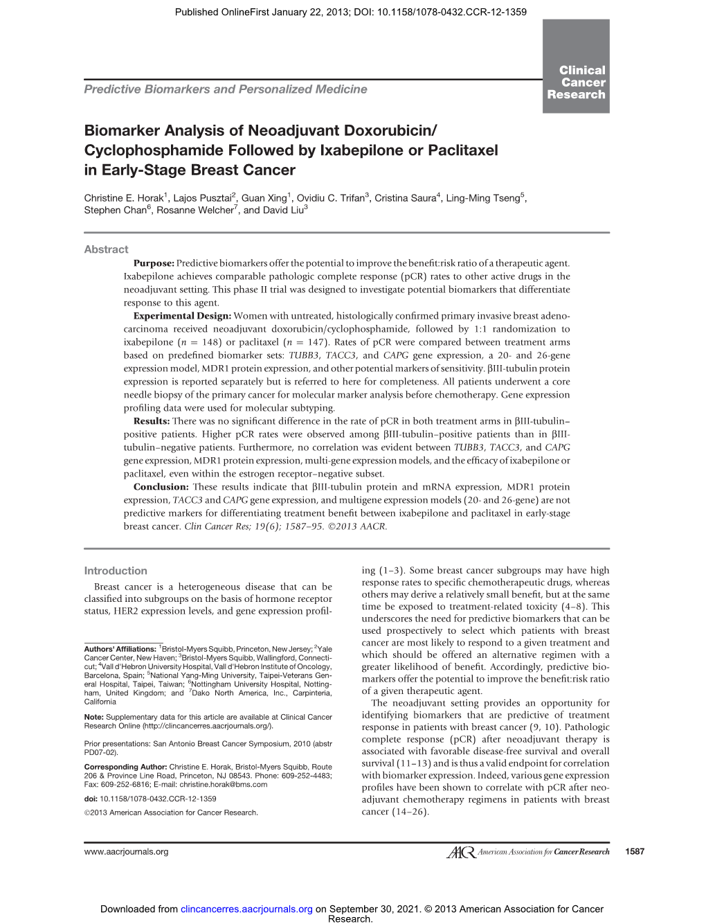 Biomarker Analysis of Neoadjuvant Doxorubicin/ Cyclophosphamide Followed by Ixabepilone Or Paclitaxel in Early-Stage Breast Cancer