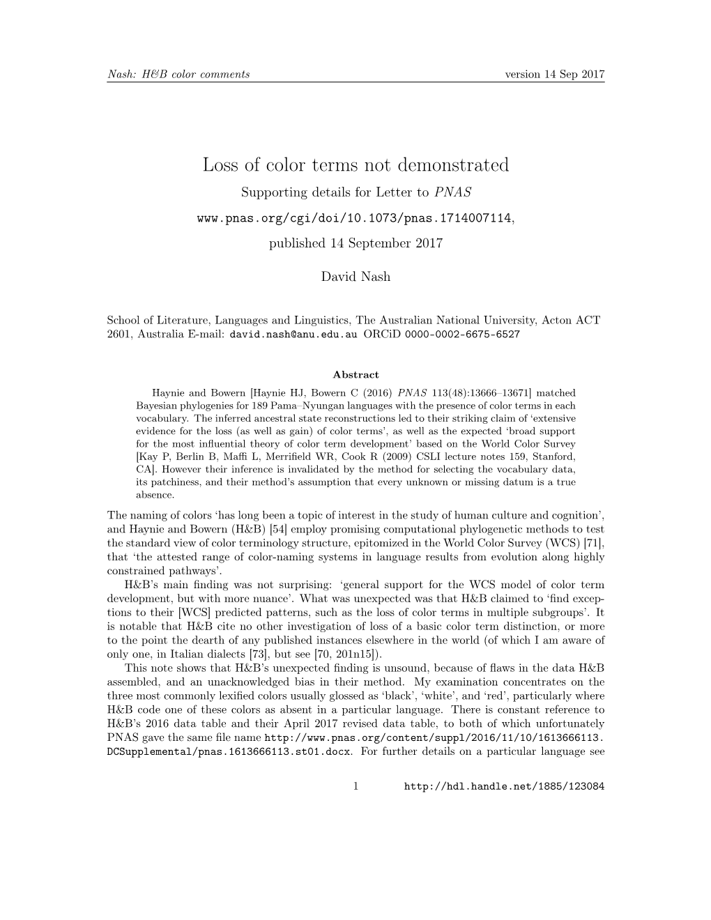 Loss of Color Terms Not Demonstrated Supporting Details for Letter to PNAS Published 14 September 2017