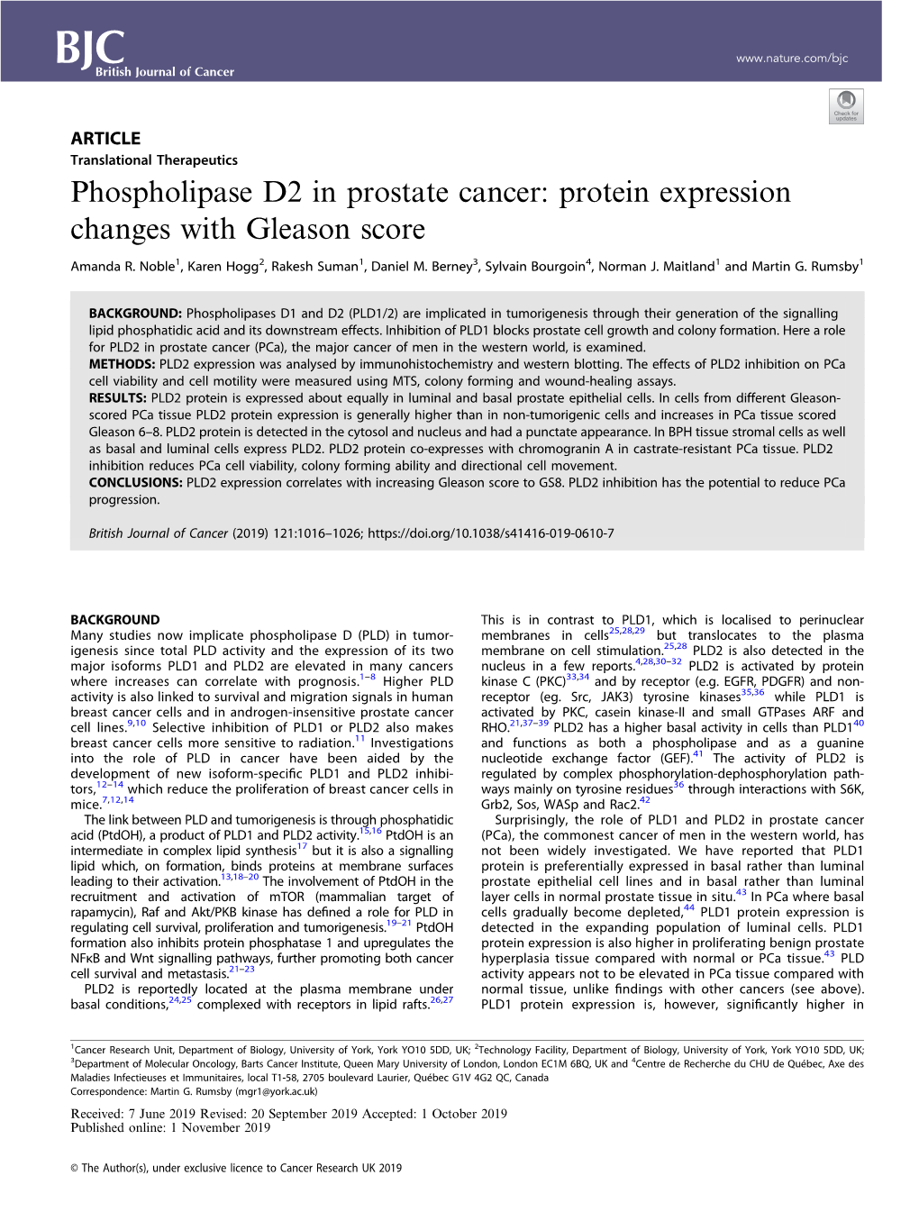 Phospholipase D2 in Prostate Cancer: Protein Expression Changes with Gleason Score