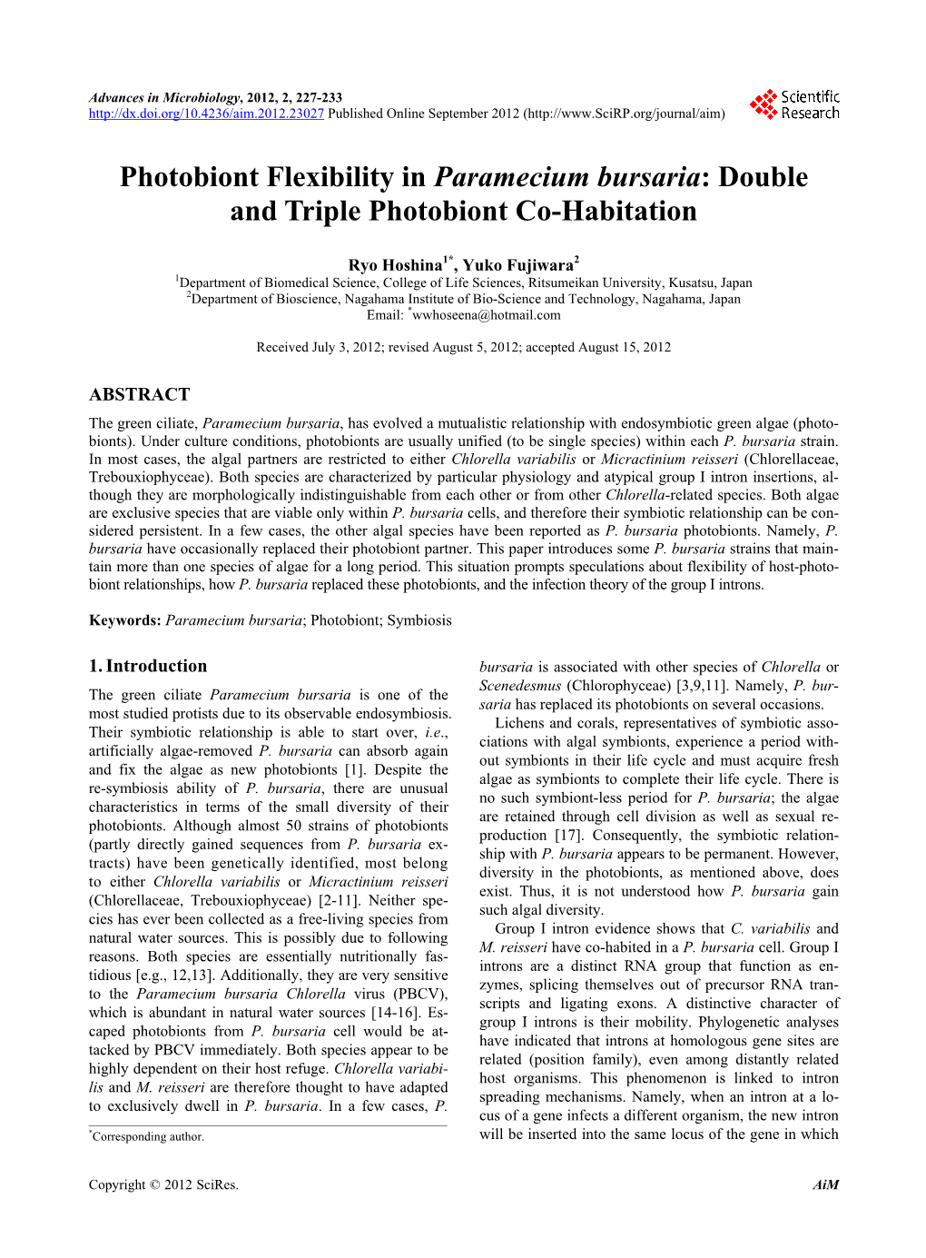 Photobiont Flexibility in Paramecium Bursaria: Double and Triple Photobiont Co-Habitation
