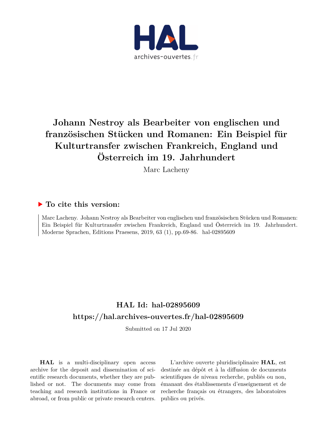 Johann Nestroy Als Bearbeiter Von Englischen Und Französischen Stücken Und Romanen: Ein Beispiel Für Kulturtransfer Zwischen Frankreich, England Und Österreich Im 19