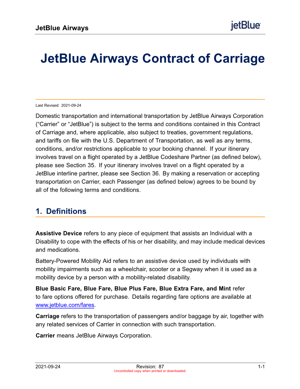 Jetblue Airways Contract of Carriage