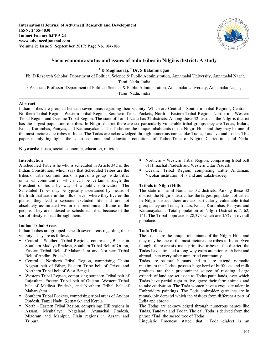 Socio Economic Status and Issues of Toda Tribes in Nilgiris District: a Study