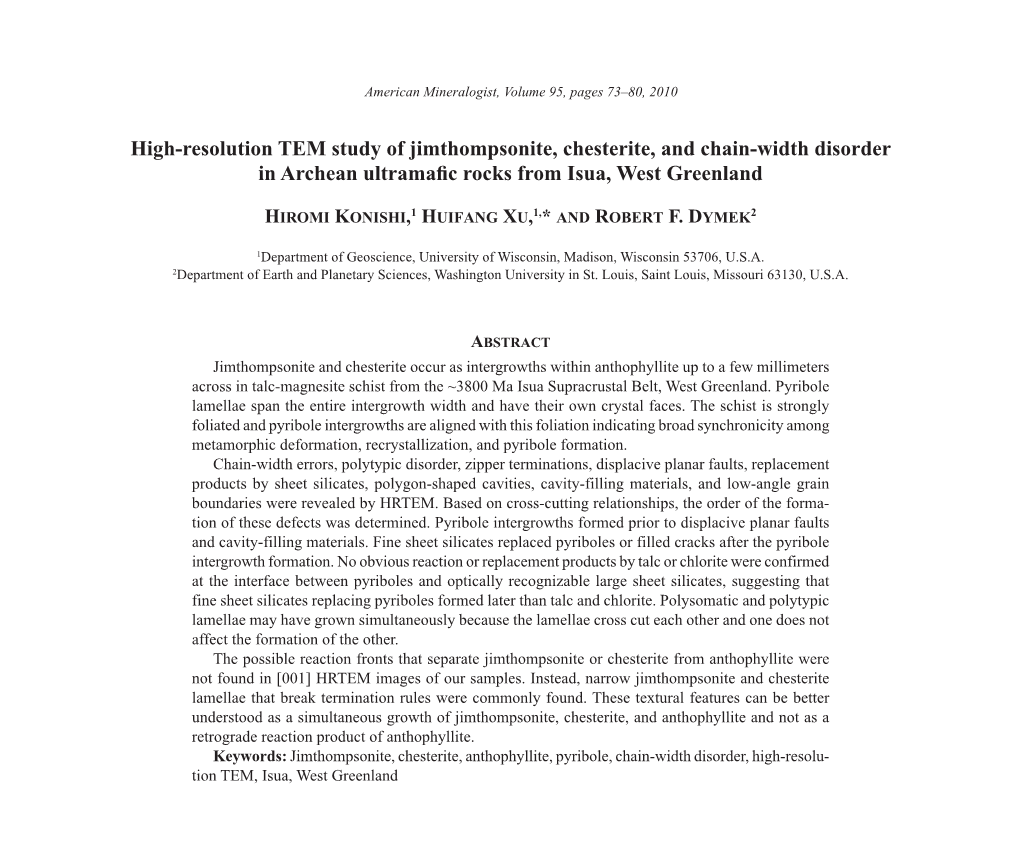 High-Resolution TEM Study of Jimthompsonite, Chesterite, and Chain-Width Disorder in Archean Ultramafic Rocks from Isua, West Greenland