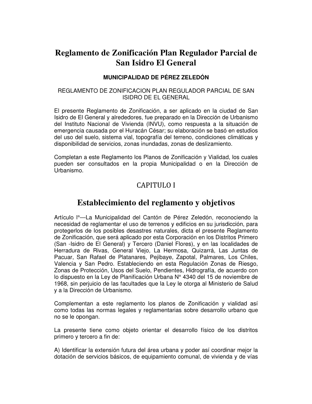 Reglamento De Zonificación Plan Regulador Parcial De San Isidro El General