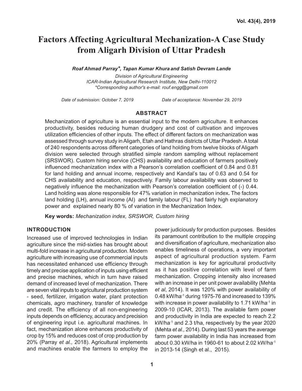 Factors Affecting Agricultural Mechanization-A Case Study from Aligarh Division of Uttar Pradesh