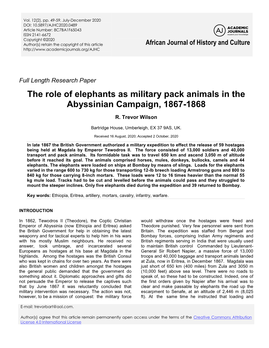 The Role of Elephants As Military Pack Animals in the Abyssinian Campaign, 1867-1868