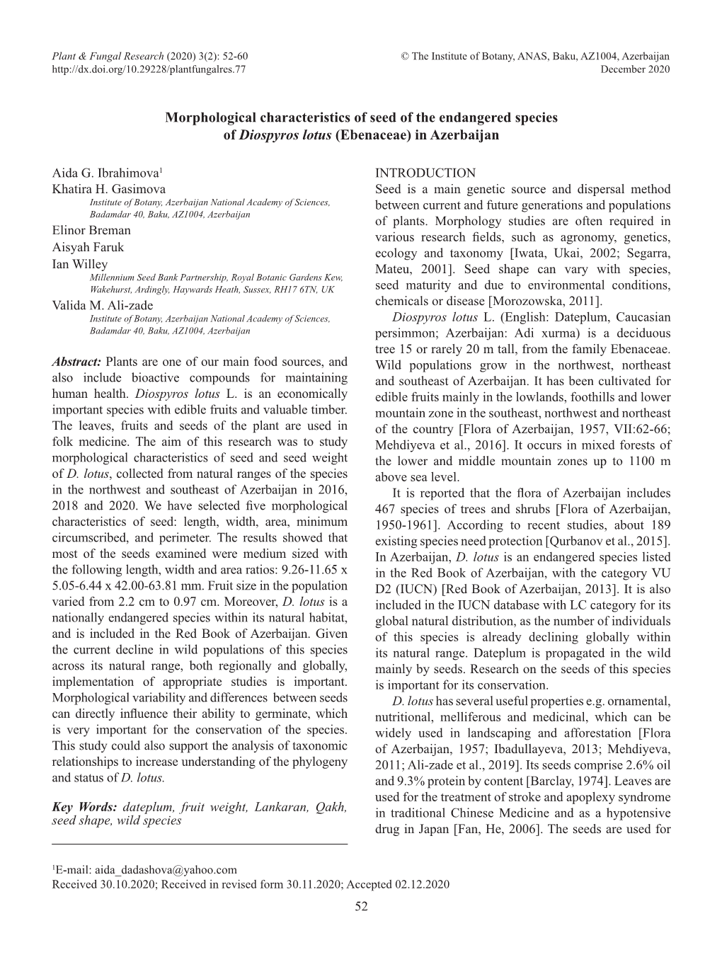 Morphological Characteristics of Seed of the Endangered Species of Diospyros Lotus (Ebenaceae) in Azerbaijan