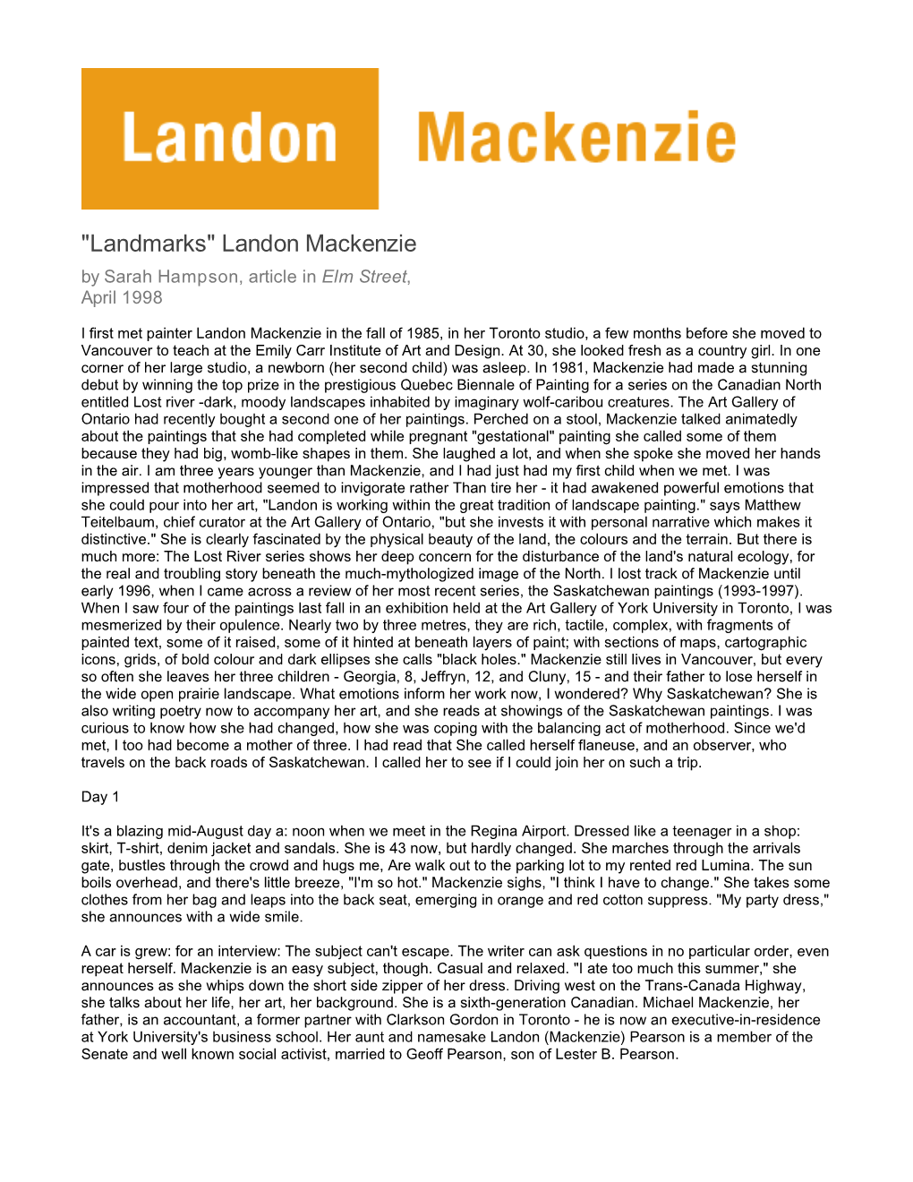 "Landmarks" Landon Mackenzie by Sarah Hampson, Article in Elm Street, April 1998