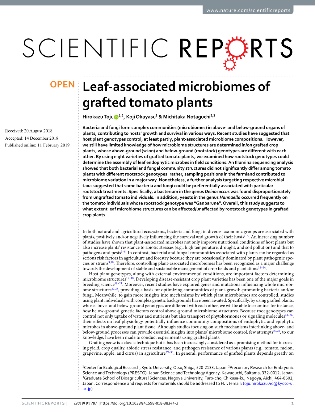 Leaf-Associated Microbiomes of Grafted Tomato Plants Hirokazu Toju 1,2, Koji Okayasu3 & Michitaka Notaguchi2,3