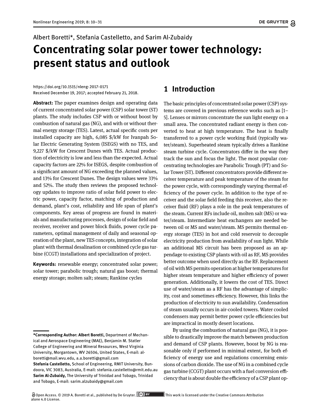 Concentrating Solar Power Tower Technology: Present Status and Outlook