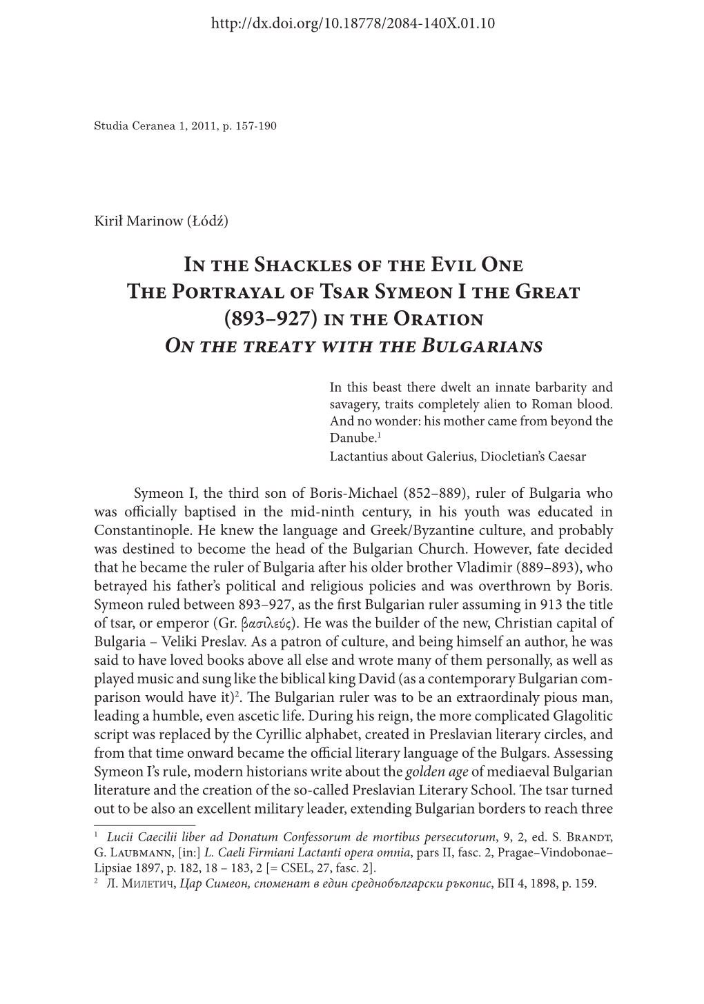 The Portrayal of Tsar Symeon I the Great (893–927) in the Oration on the Treaty with the Bulgarians