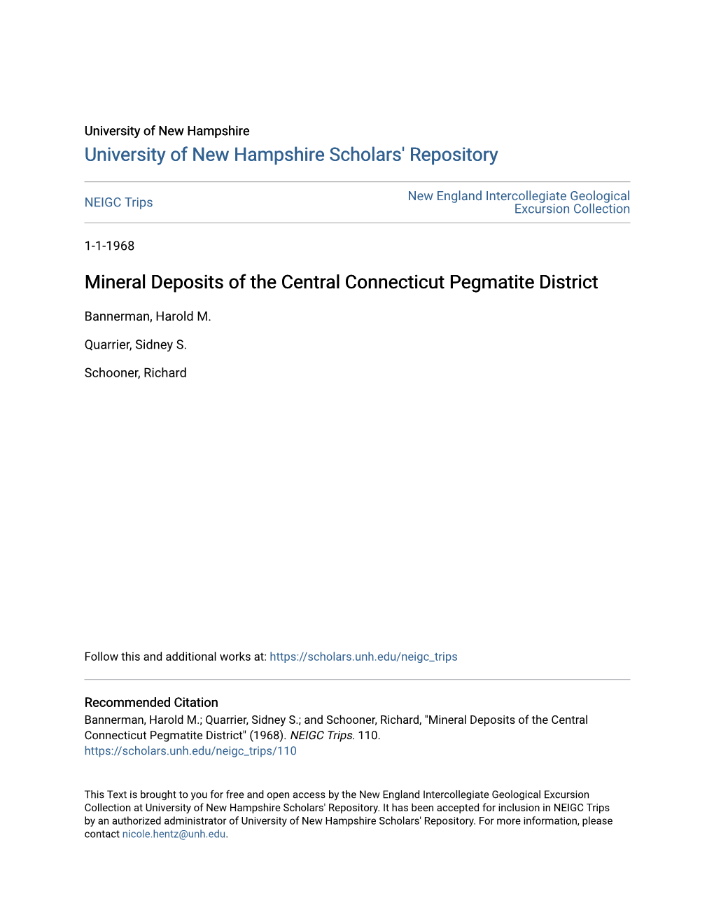 Mineral Deposits of the Central Connecticut Pegmatite District