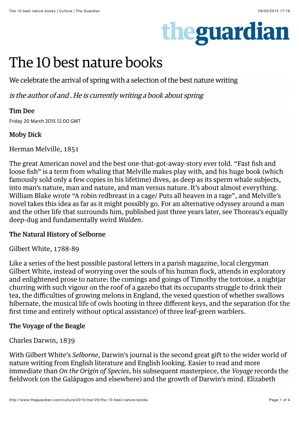 The 10 Best Nature Books | Culture | the Guardian 29/03/2015 17:16