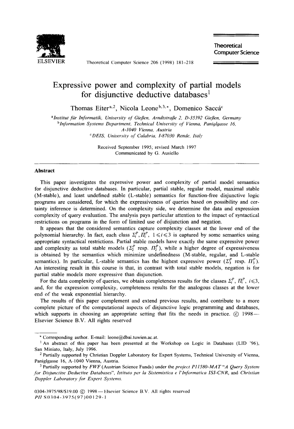 Expressive Power and Complexity of Partial Models for Disjunctive Deductive Databases’