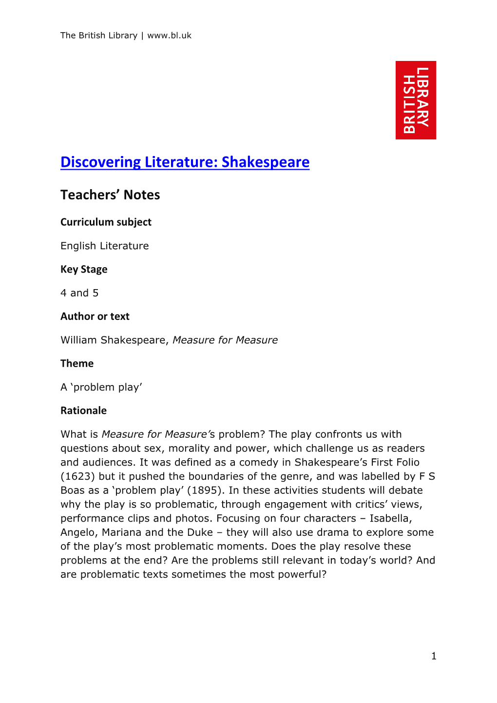 Discovering Literature Teachers' Notes: Shakespeare, Measure For