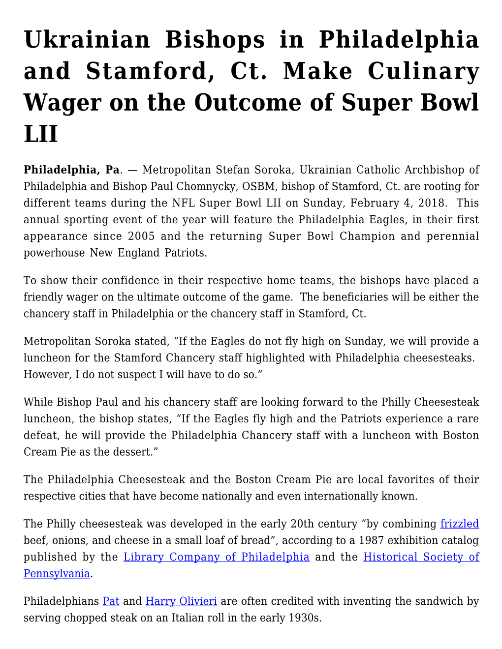 Ukrainian Bishops in Philadelphia and Stamford, Ct. Make Culinary Wager on the Outcome of Super Bowl LII