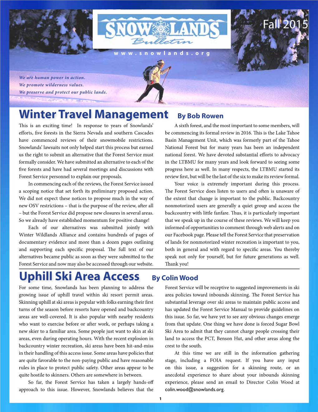 Fall 2015 Winter Travel Management Uphill Ski Area Access