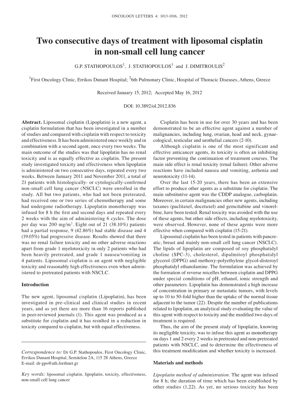 Two Consecutive Days of Treatment with Liposomal Cisplatin in Non-Small Cell Lung Cancer