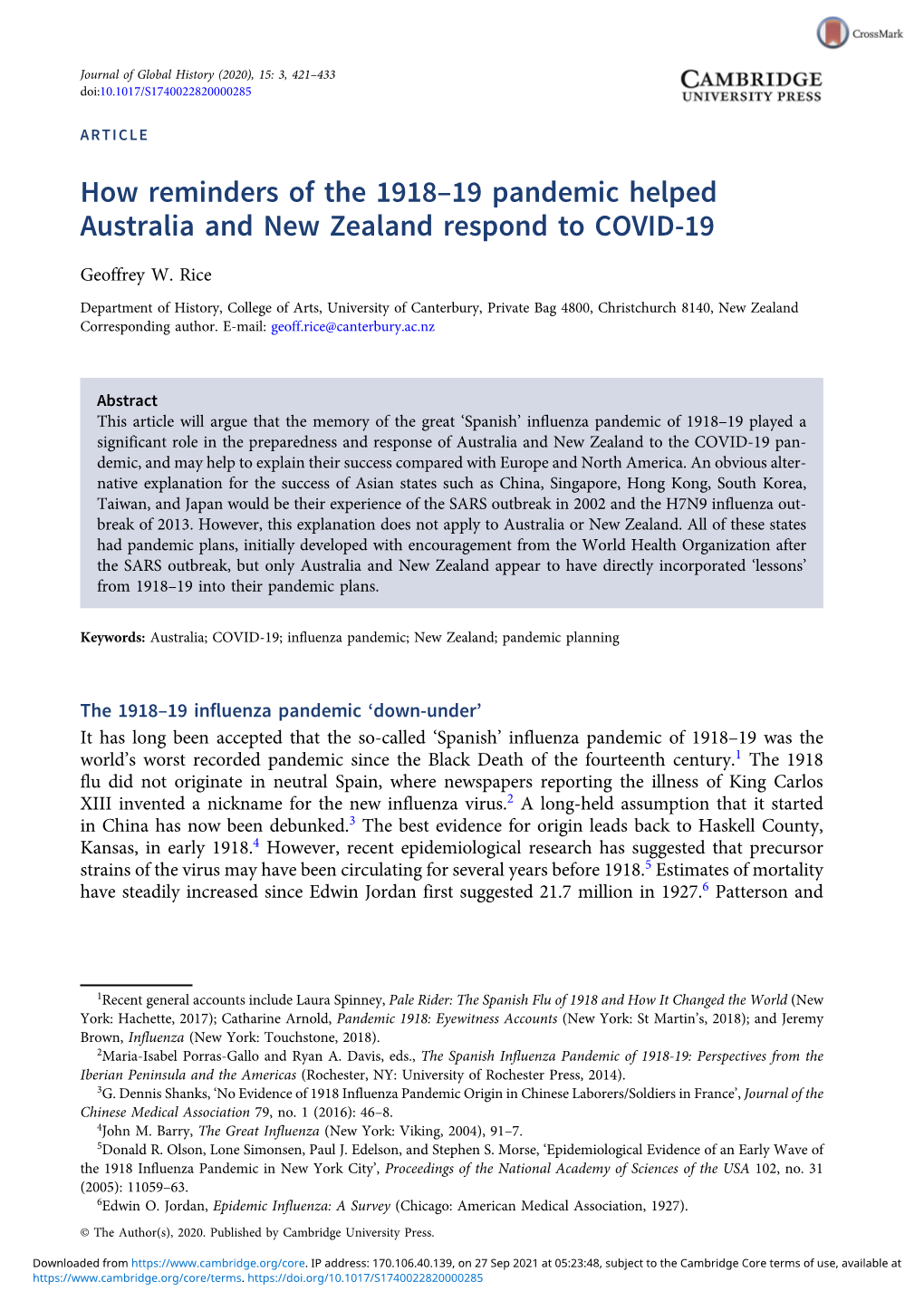 How Reminders of the 1918-19 Pandemic Helped Australia and New Zealand Respond to COVID-19