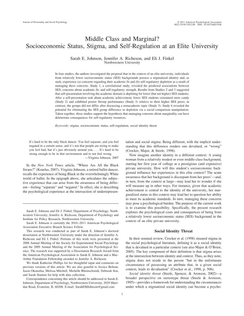 Middle Class and Marginal? Socioeconomic Status, Stigma, and Self-Regulation at an Elite University