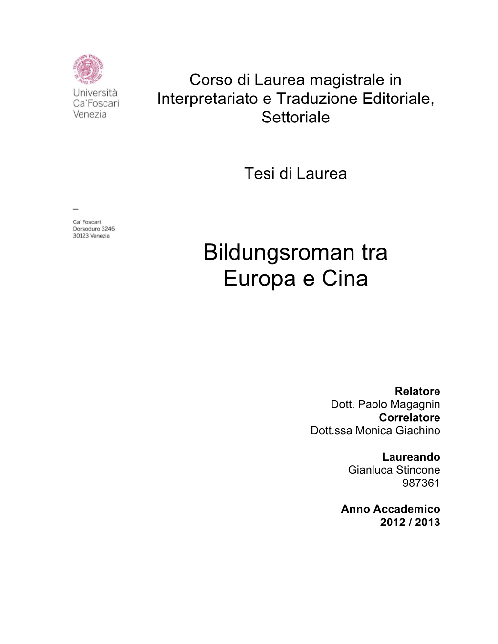 Bildungsroman Tra Europa E Cina