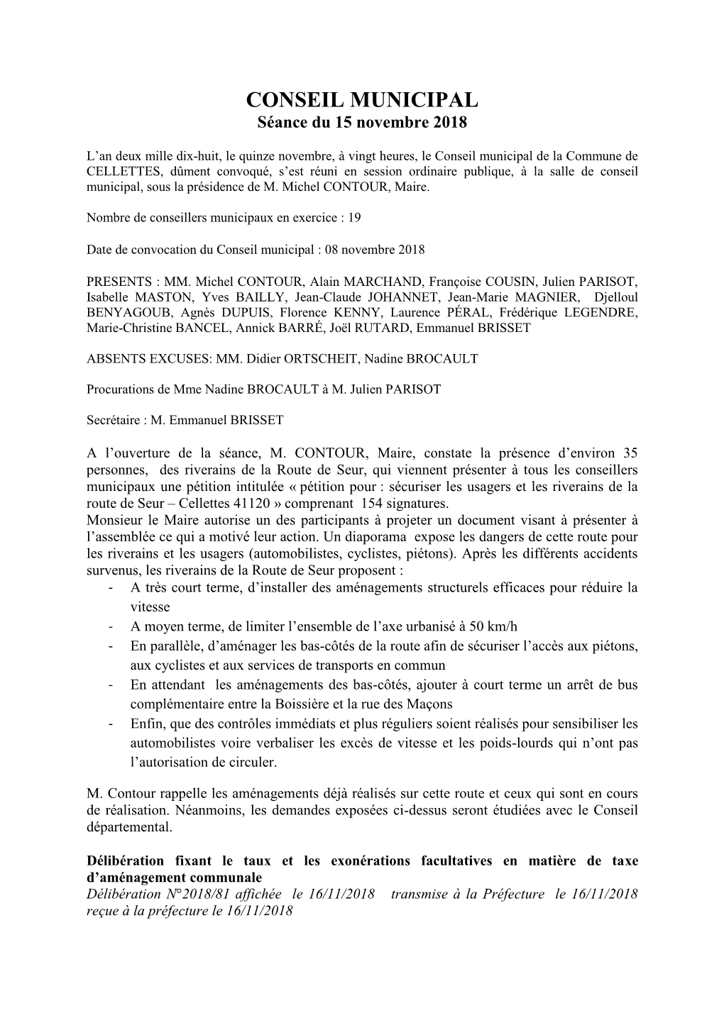 CONSEIL MUNICIPAL Séance Du 15 Novembre 2018