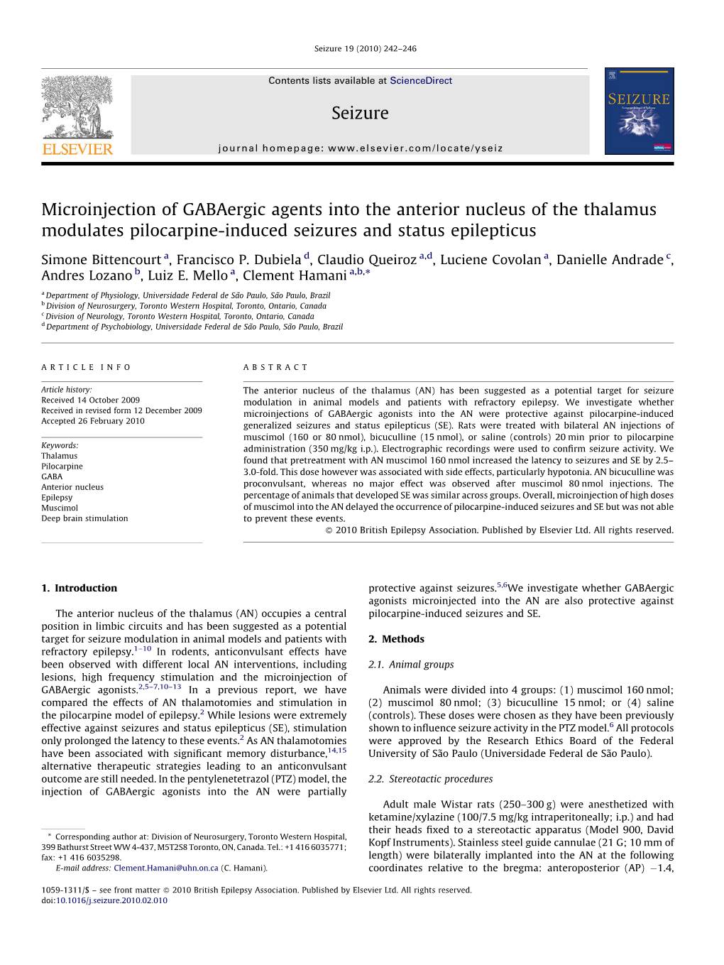 Microinjection of Gabaergic Agents Into the Anterior Nucleus of the Thalamus Modulates Pilocarpine-Induced Seizures and Status Epilepticus