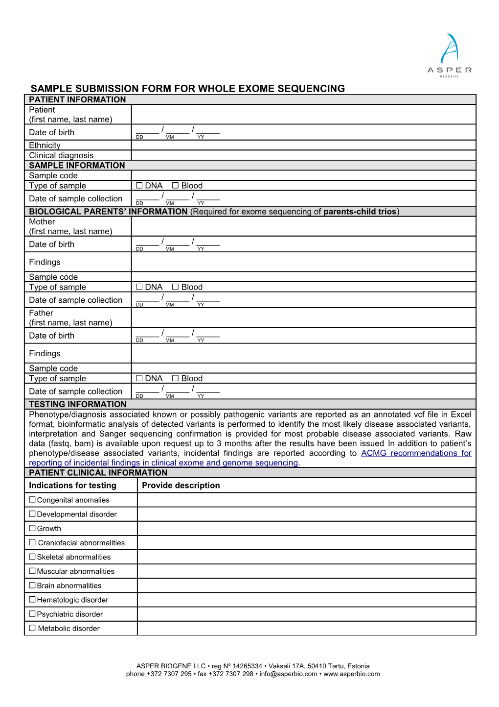 Sample Submission Form for Increased Nuchal Translucency (NT) of Foetus